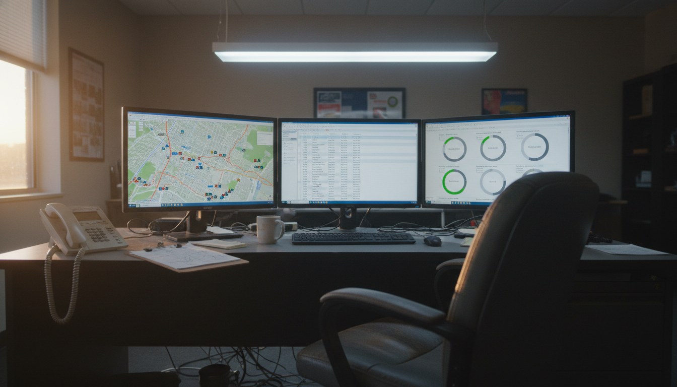 Waste hauler dispatcher seat with three monitors showing fleet map, route list, and stop dashboard